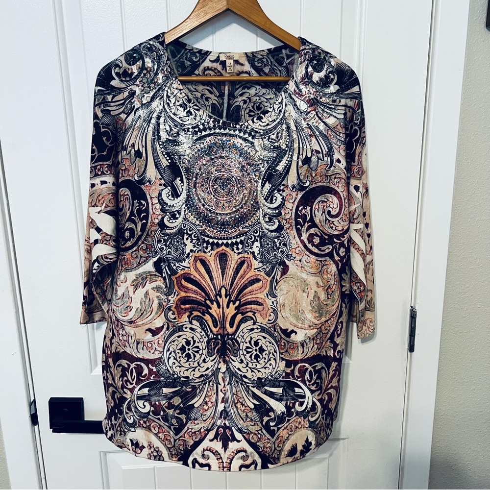 Reba Women's Plus Top Size 1X, Multi-Color, Sequined, 3/4 Sleeve